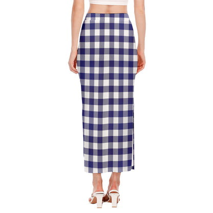 Navy And White Buffalo Check Print Side Slit Maxi Skirt