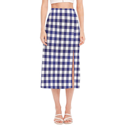 Navy And White Buffalo Check Print Side Slit Midi Skirt