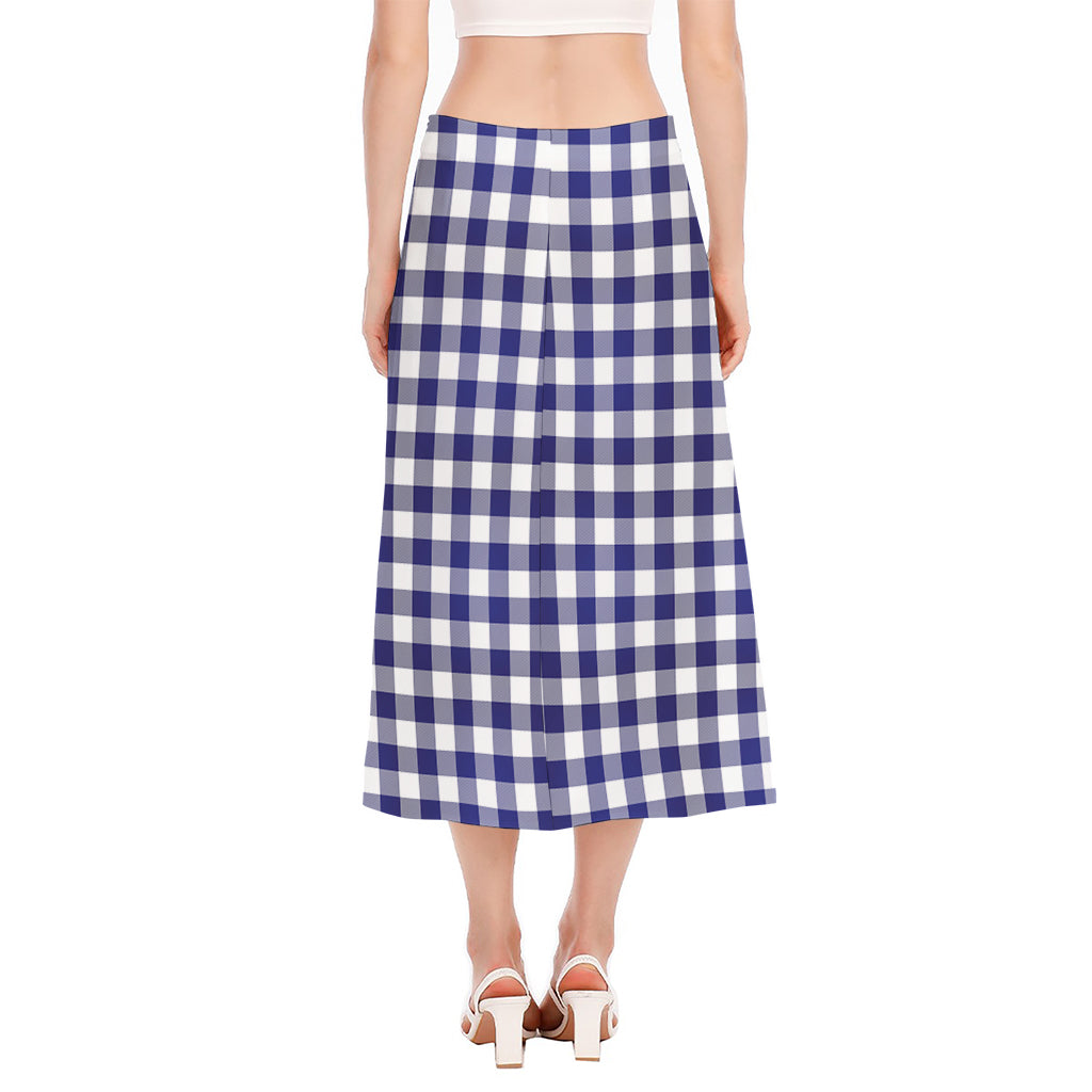 Navy And White Buffalo Check Print Side Slit Midi Skirt