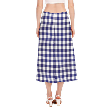 Navy And White Buffalo Check Print Side Slit Midi Skirt