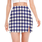 Navy And White Buffalo Check Print Side Slit Mini Skirt