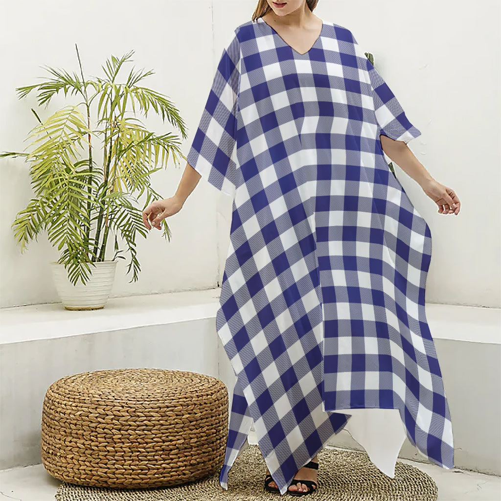 Navy And White Buffalo Check Print Silk V-Neck Kaftan Dress