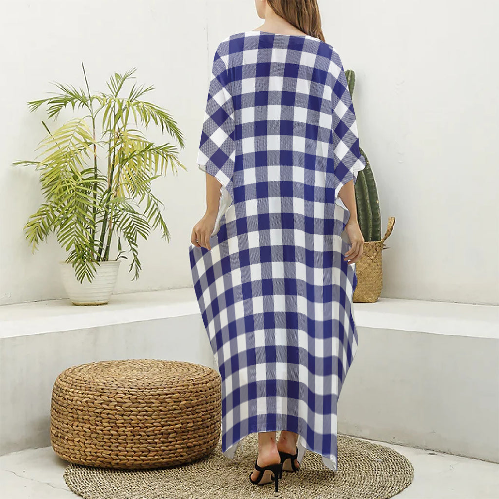 Navy And White Buffalo Check Print Silk V-Neck Kaftan Dress