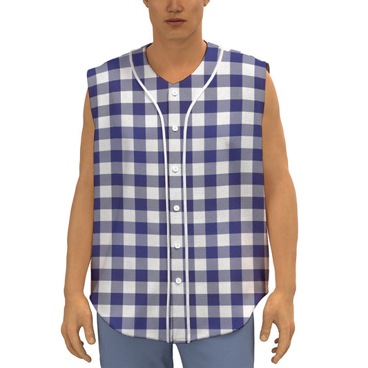 Navy And White Buffalo Check Print Sleeveless Baseball Jersey