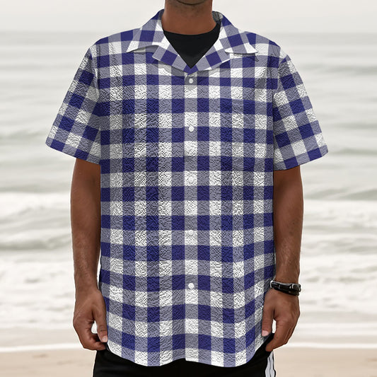 Navy And White Buffalo Check Print Textured Short Sleeve Shirt
