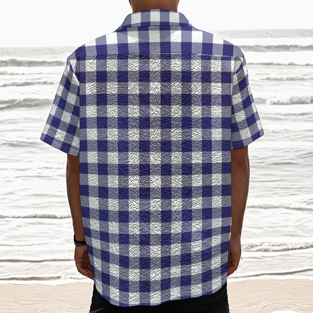 Navy And White Buffalo Check Print Textured Short Sleeve Shirt