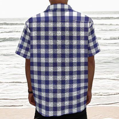Navy And White Buffalo Check Print Textured Short Sleeve Shirt