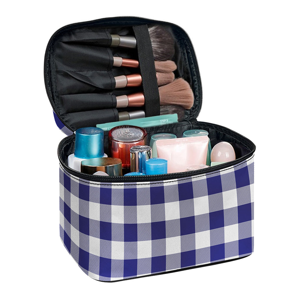 Navy And White Buffalo Check Print Travel Makeup Bag