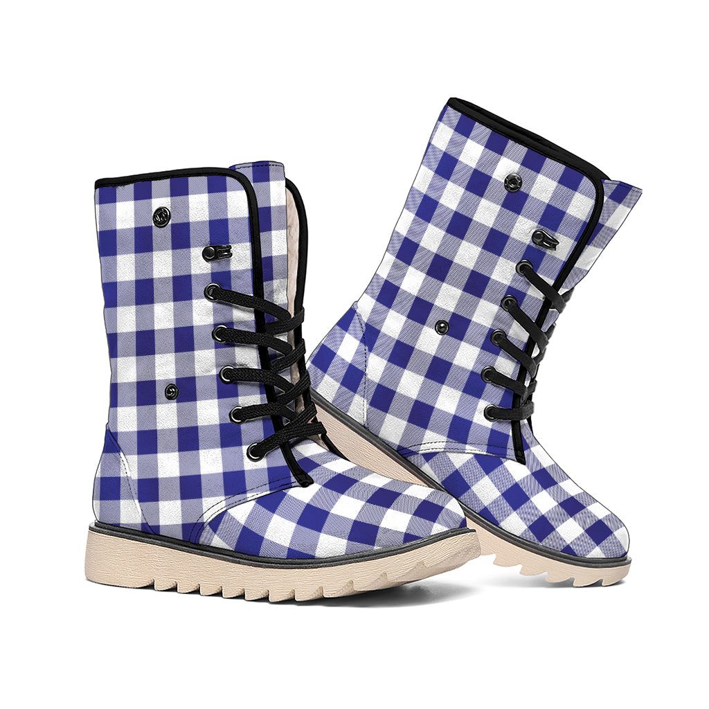 Navy And White Buffalo Check Print Winter Boots