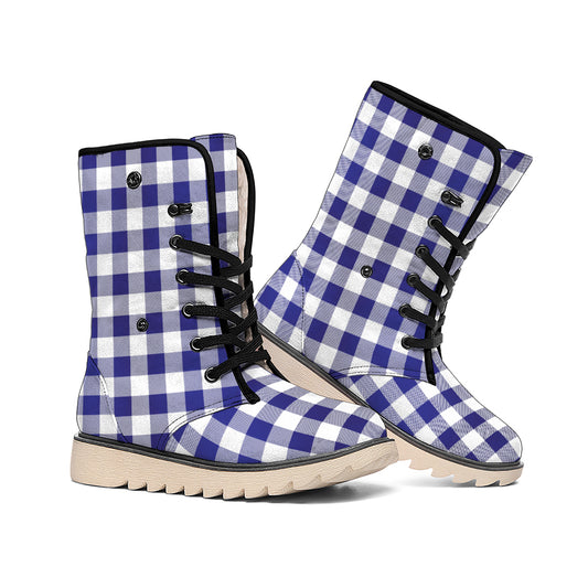 Navy And White Buffalo Check Print Winter Boots