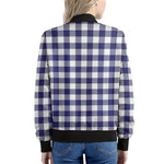 Navy And White Buffalo Check Print Women's Bomber Jacket