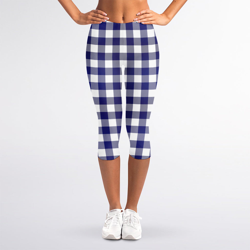 Navy And White Buffalo Check Print Women's Capri Leggings