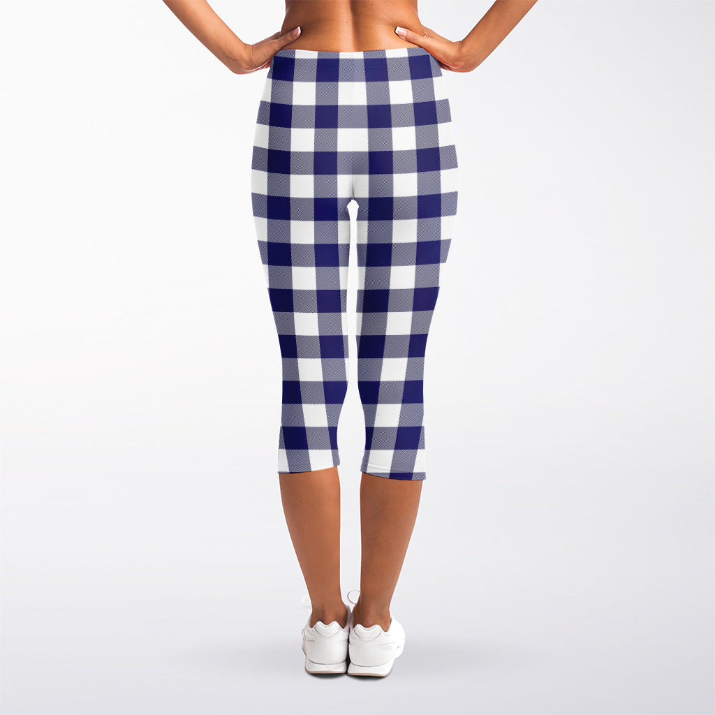 Navy And White Buffalo Check Print Women's Capri Leggings