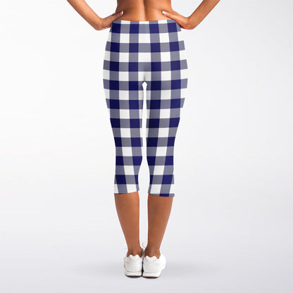 Navy And White Buffalo Check Print Women's Capri Leggings