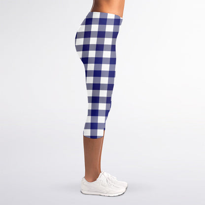 Navy And White Buffalo Check Print Women's Capri Leggings