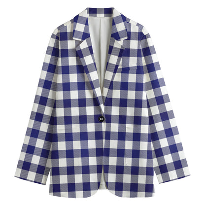 Navy And White Buffalo Check Print Women's Cotton Blazer