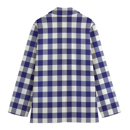 Navy And White Buffalo Check Print Women's Cotton Blazer