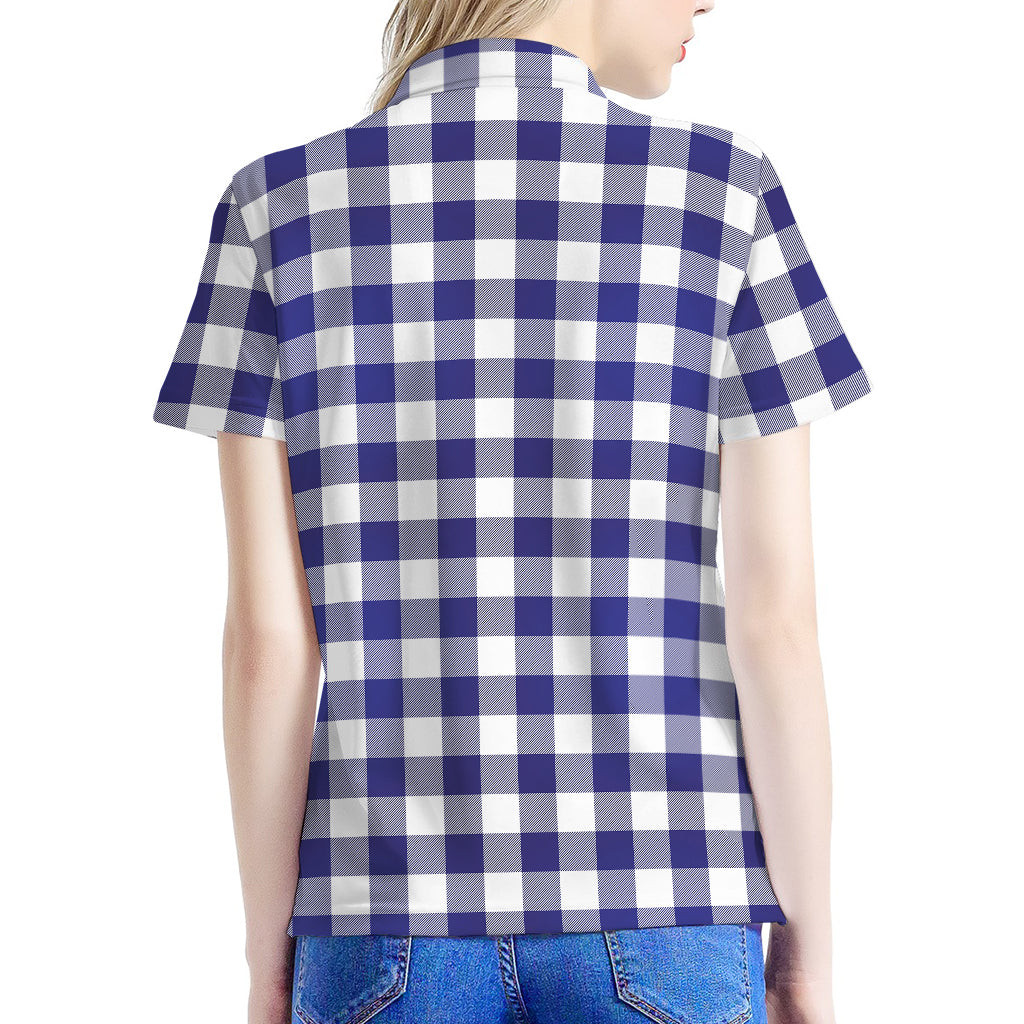 Navy And White Buffalo Check Print Women's Polo Shirt