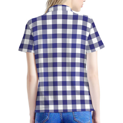 Navy And White Buffalo Check Print Women's Polo Shirt
