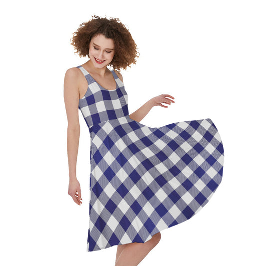 Navy And White Buffalo Check Print Women's Sleeveless Dress