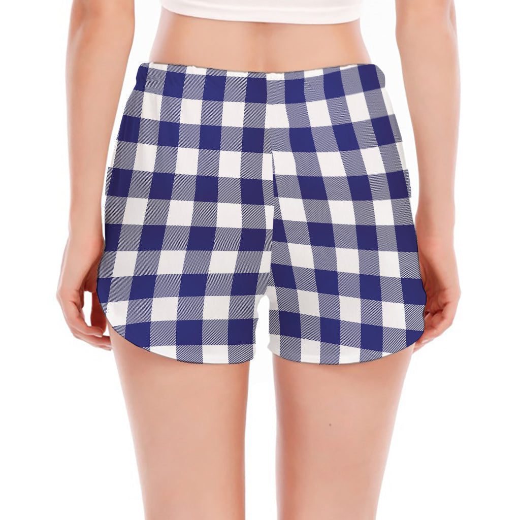Navy And White Buffalo Check Print Women's Split Running Shorts