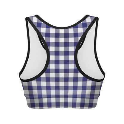 Navy And White Buffalo Check Print Women's Sports Bra