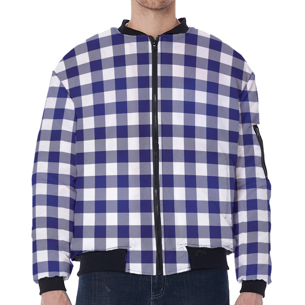 Navy And White Buffalo Check Print Zip Sleeve Bomber Jacket