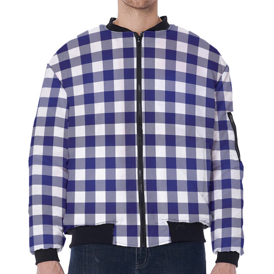 Navy And White Buffalo Check Print Zip Sleeve Bomber Jacket