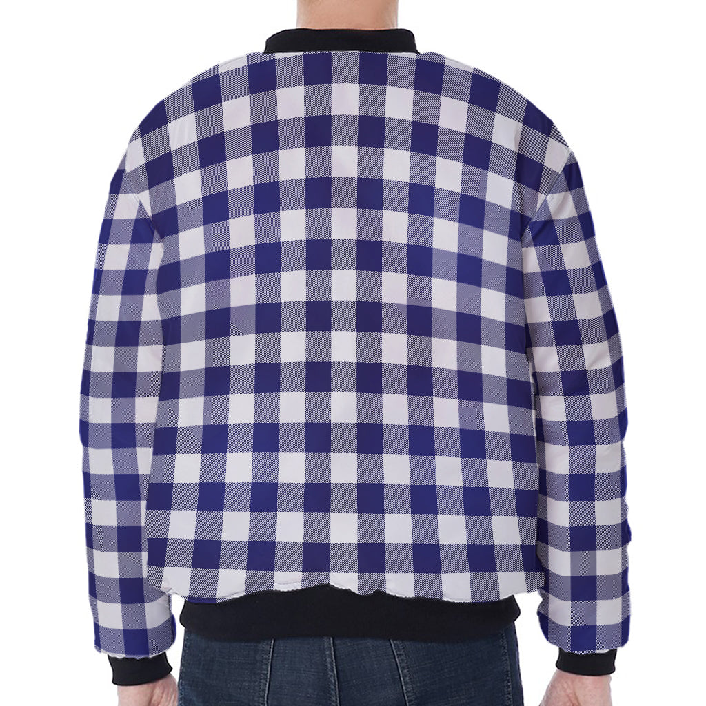 Navy And White Buffalo Check Print Zip Sleeve Bomber Jacket