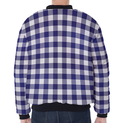 Navy And White Buffalo Check Print Zip Sleeve Bomber Jacket