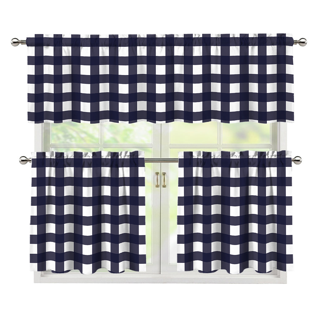 Navy And White Check Pattern Print 3 Piece Kitchen Curtains