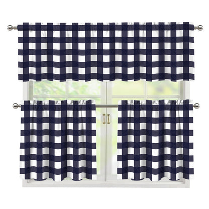Navy And White Check Pattern Print 3 Piece Kitchen Curtains