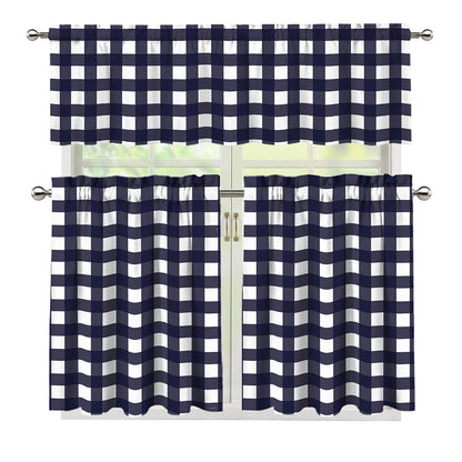 Navy And White Check Pattern Print 3 Piece Kitchen Curtains