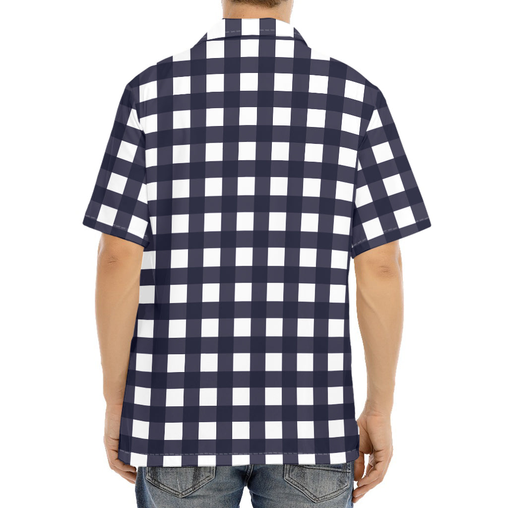 Navy And White Check Pattern Print Aloha Shirt