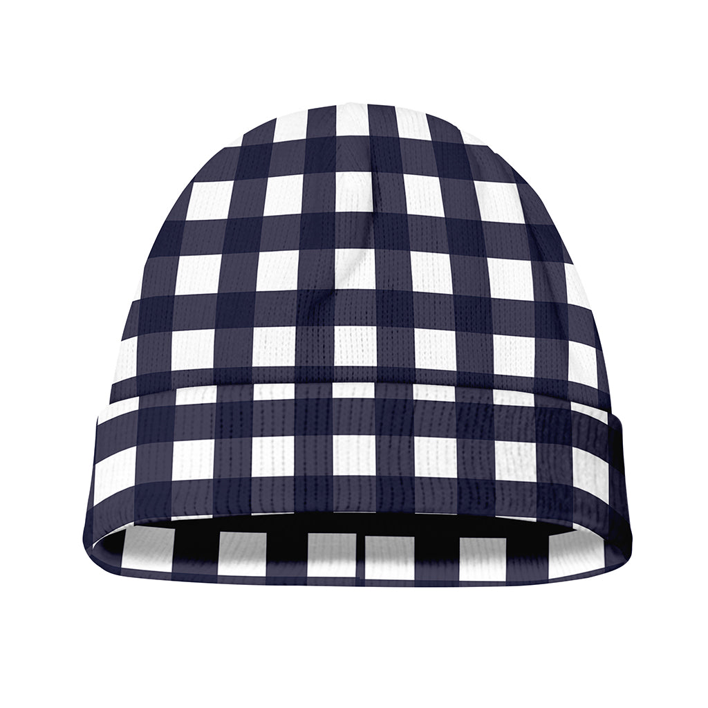 Navy And White Check Pattern Print Beanie