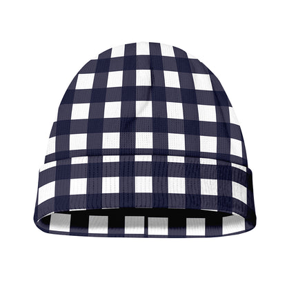 Navy And White Check Pattern Print Beanie