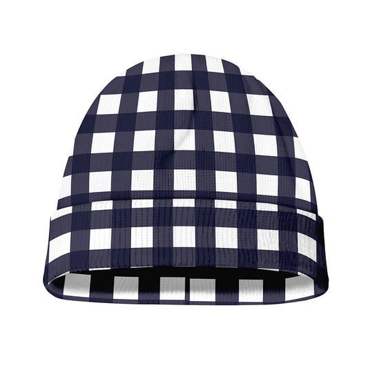 Navy And White Check Pattern Print Beanie