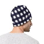 Navy And White Check Pattern Print Beanie