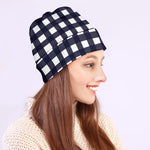 Navy And White Check Pattern Print Beanie