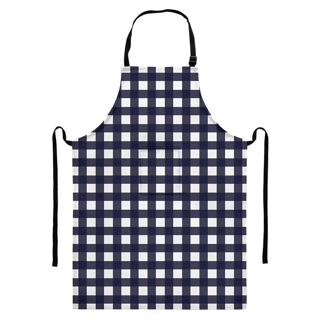 Navy And White Check Pattern Print Bib Apron With Pocket