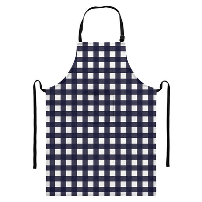 Navy And White Check Pattern Print Bib Apron With Pocket