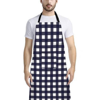Navy And White Check Pattern Print Bib Apron With Pocket