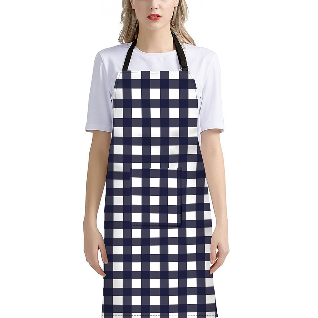 Navy And White Check Pattern Print Bib Apron With Pocket