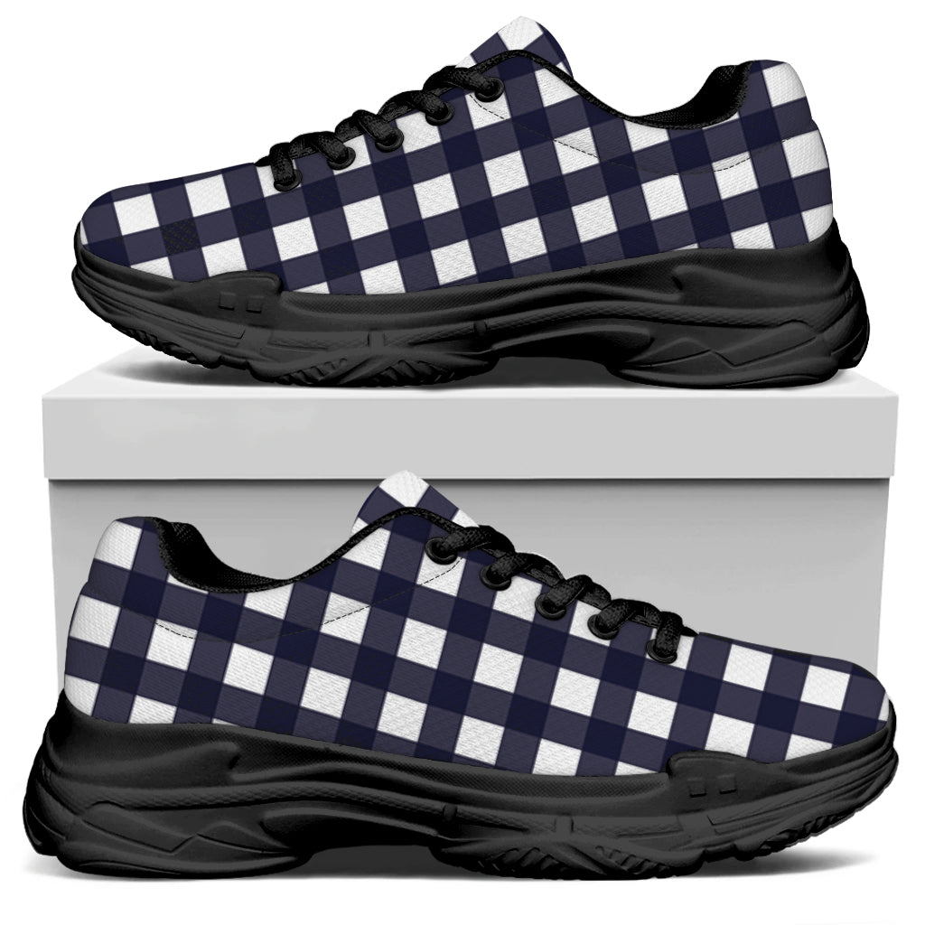 Navy And White Check Pattern Print Black Chunky Shoes