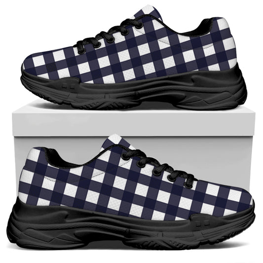 Navy And White Check Pattern Print Black Chunky Shoes
