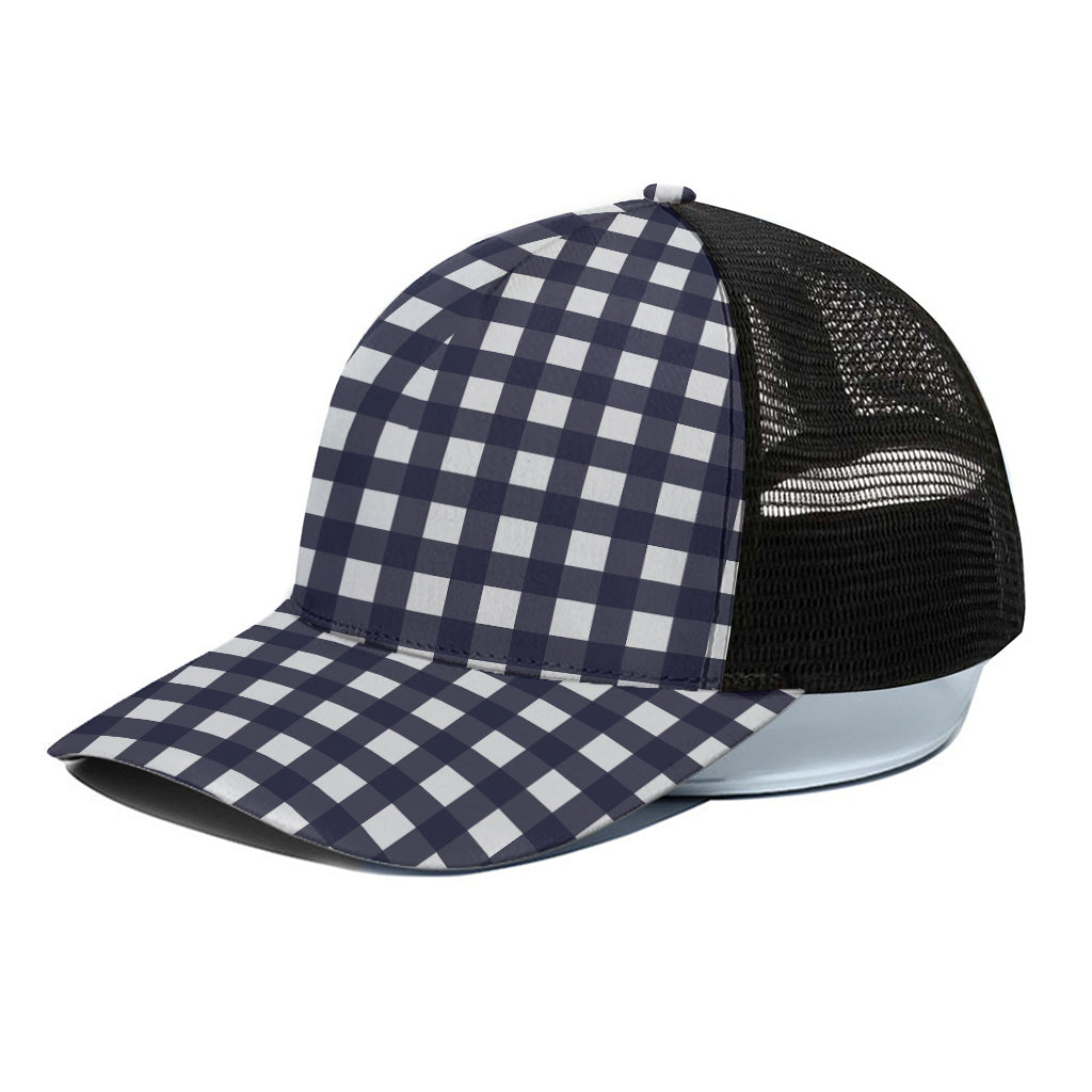 Navy And White Check Pattern Print Black Mesh Trucker Cap