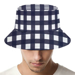 Navy And White Check Pattern Print Bucket Hat