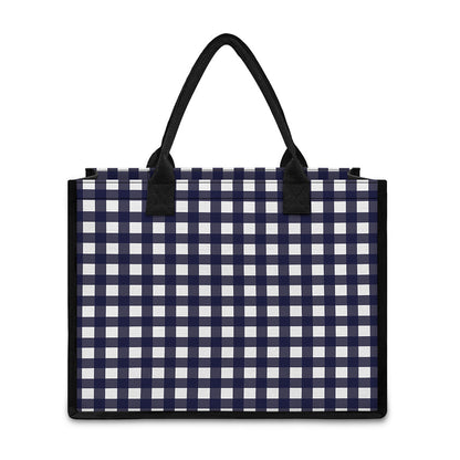 Navy And White Check Pattern Print Canvas Tote Bag