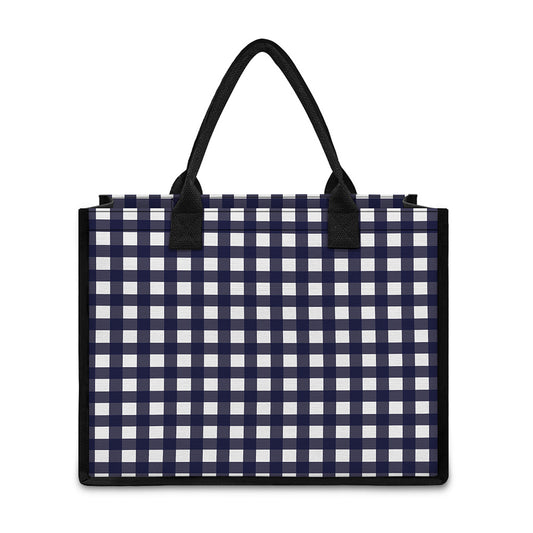 Navy And White Check Pattern Print Canvas Tote Bag