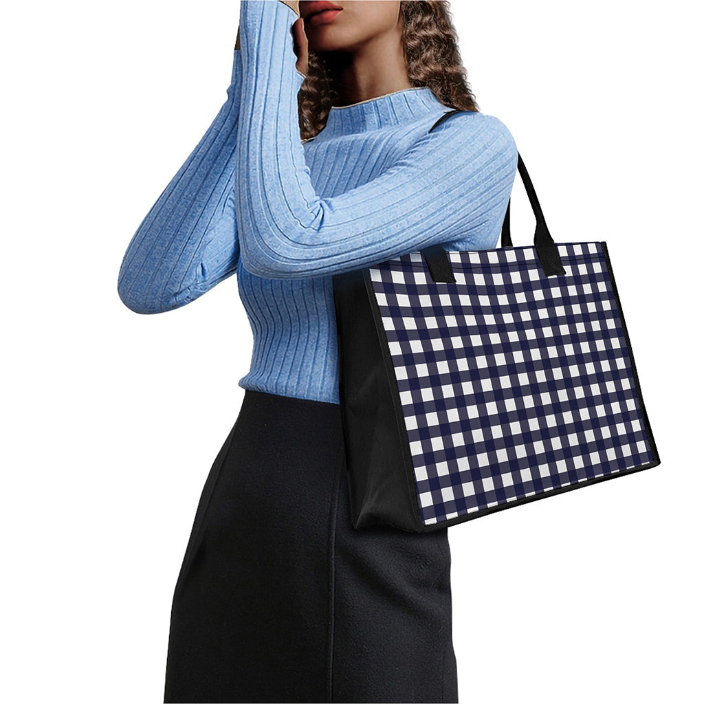 Navy And White Check Pattern Print Canvas Tote Bag